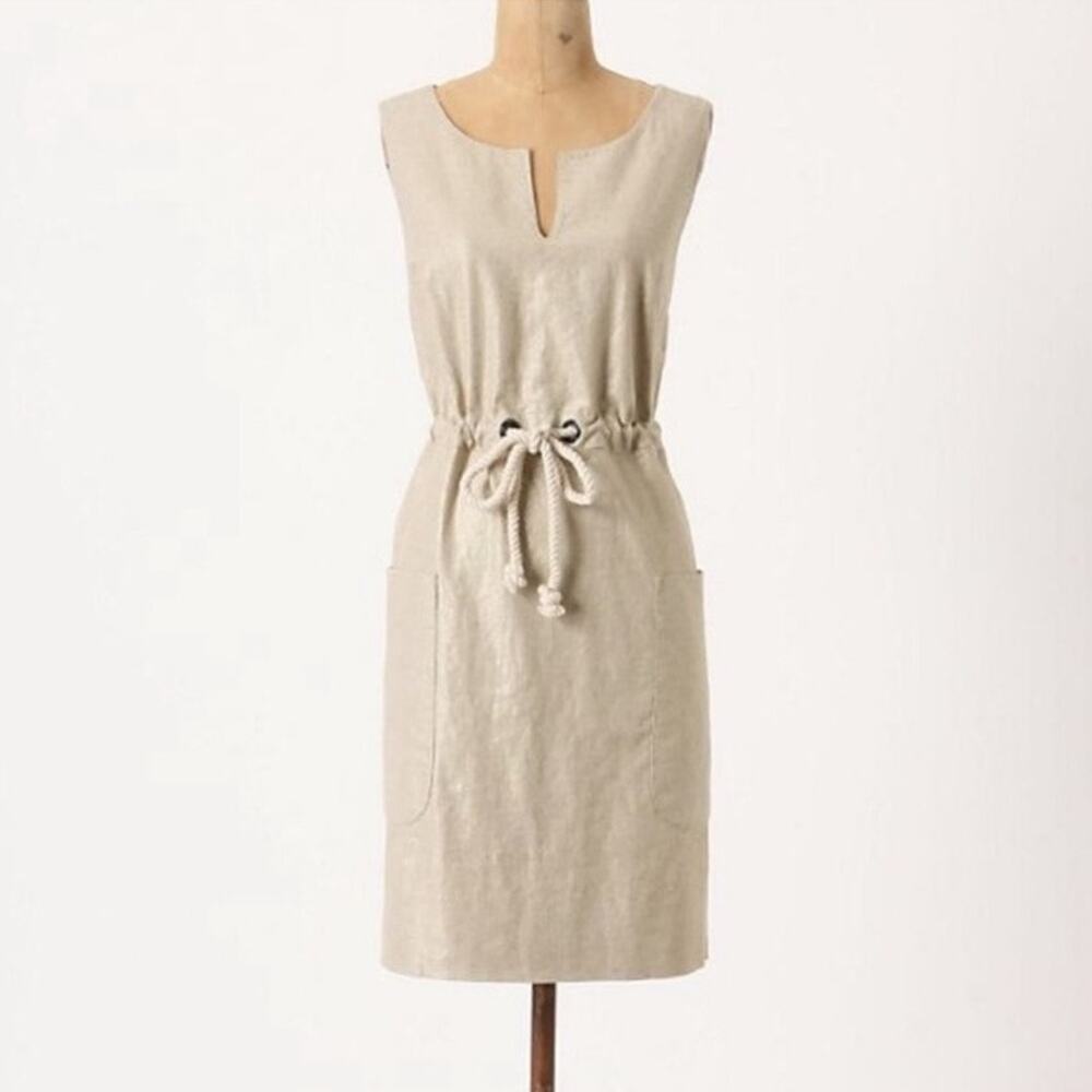 Anthropologie Maeve cream linen flaxen rope self tie shimmer knee-length dress 2